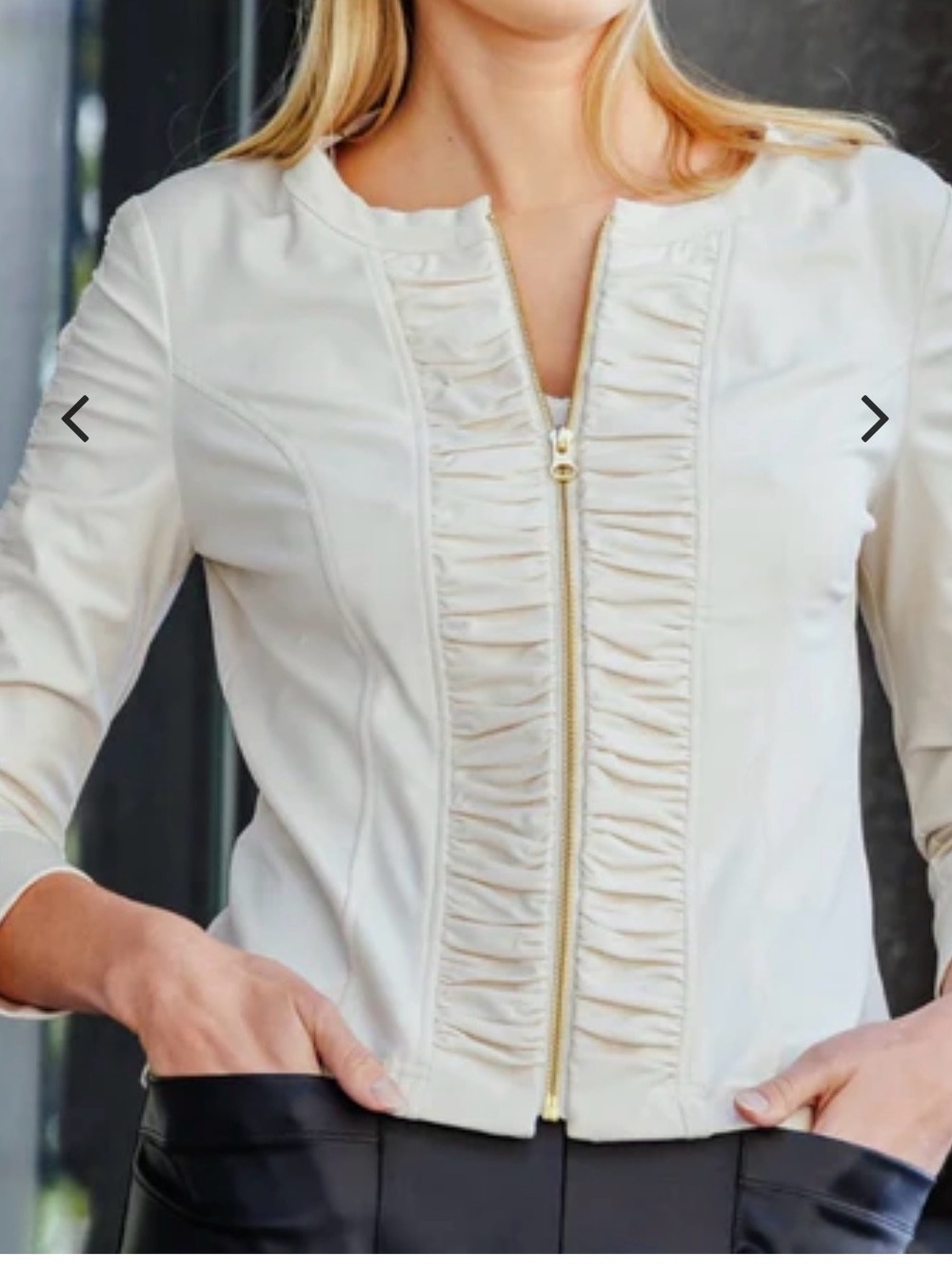 Clara Sun Woo Liquid Leather Cream Ruched Zip Jacket Medium